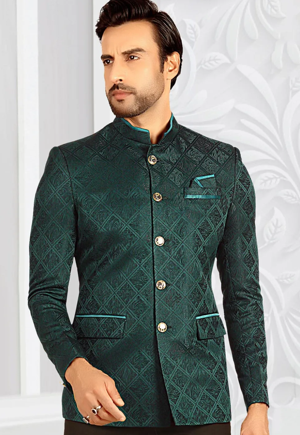 Woven Terry Rayon Jacquard Jodhpuri Jacket in Teal Green
