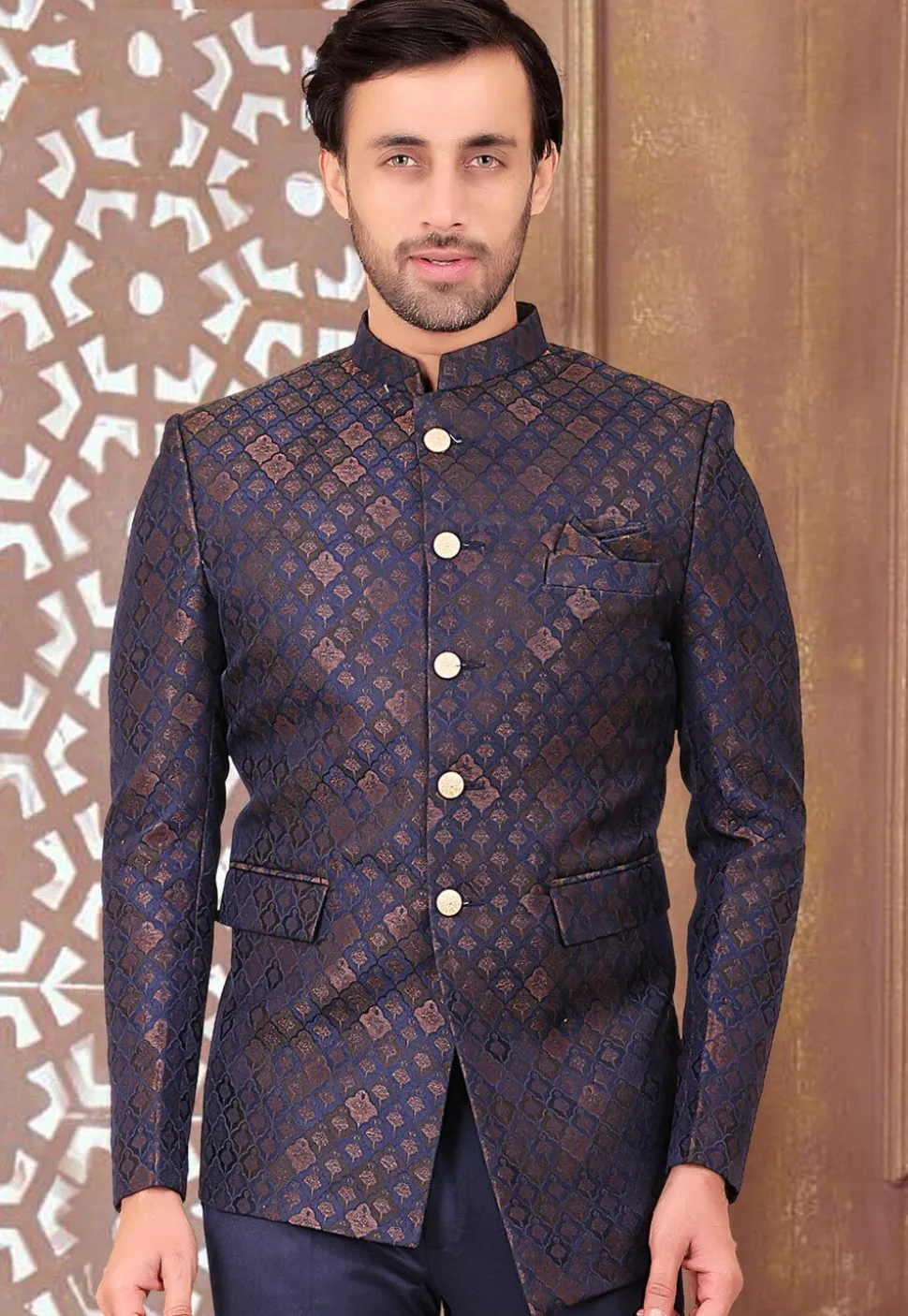 Woven Terry Rayon Jacquard Jodhpuri Jacket in Navy Blue and Golden