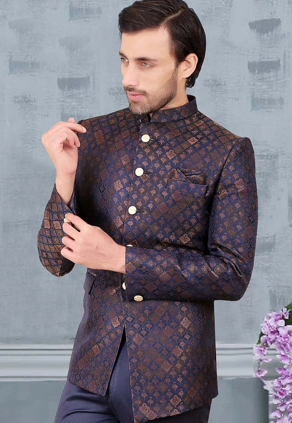 Woven Terry Rayon Jacquard Jodhpuri Jacket in Navy Blue and Golden