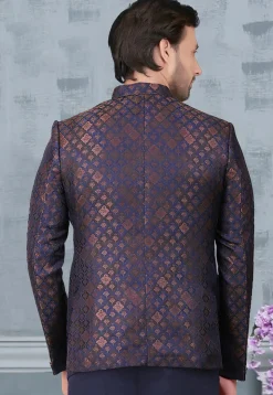 Woven Terry Rayon Jacquard Jodhpuri Jacket in Navy Blue and Golden