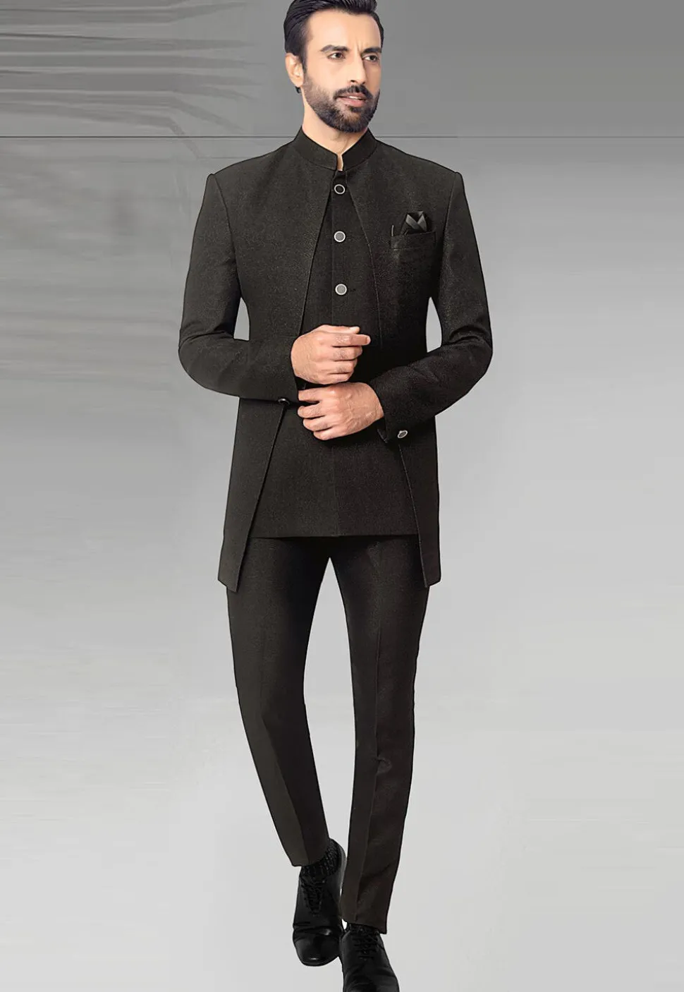 Woven Terry Rayon Jacquard Jodhpuri Suit in Black