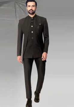 Woven Terry Rayon Jacquard Jodhpuri Suit in Black
