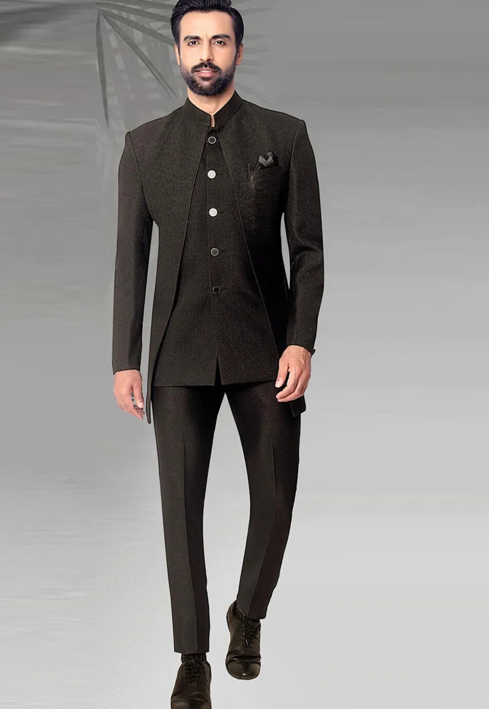 Woven Terry Rayon Jacquard Jodhpuri Suit in Black