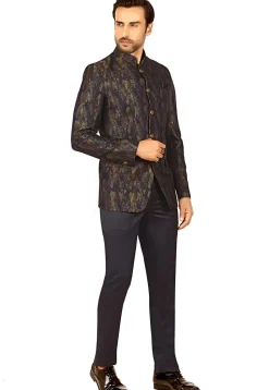 Woven Terry Rayon Jacquard Jodhpuri Suit in Navy Blue