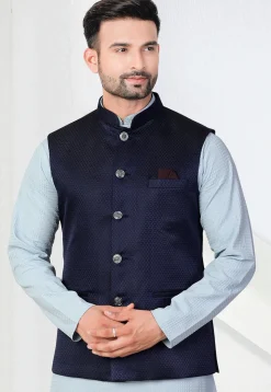 Woven Terry Rayon Jacquard Nehru Jacket in Navy Blue
