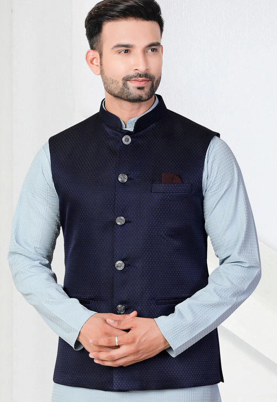 Woven Terry Rayon Jacquard Nehru Jacket in Navy Blue