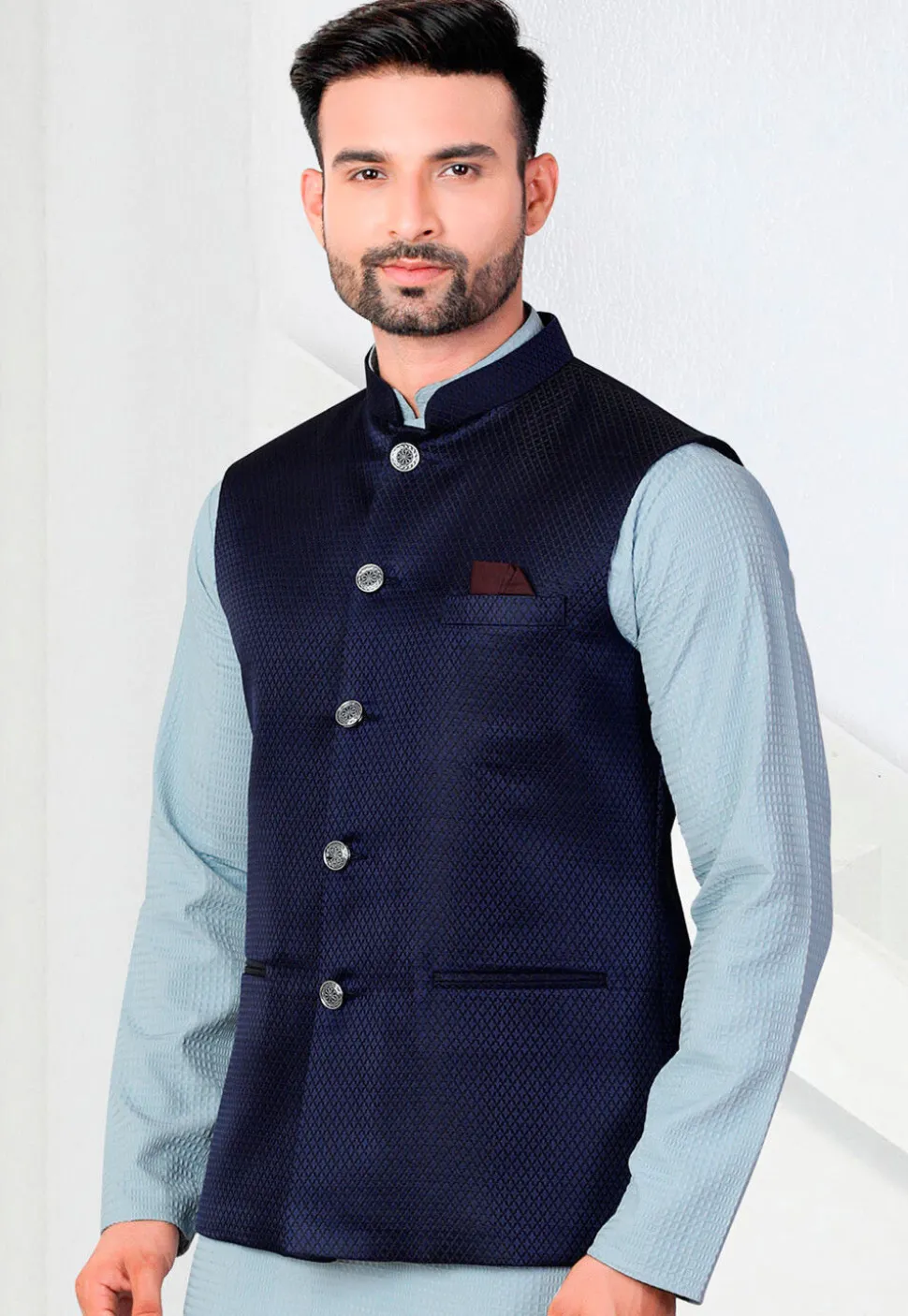 Woven Terry Rayon Jacquard Nehru Jacket in Navy Blue