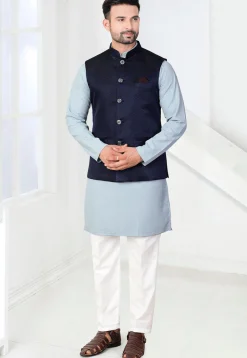 Woven Terry Rayon Jacquard Nehru Jacket in Navy Blue