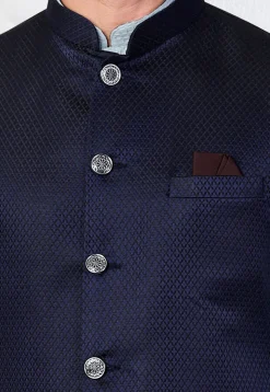 Woven Terry Rayon Jacquard Nehru Jacket in Navy Blue