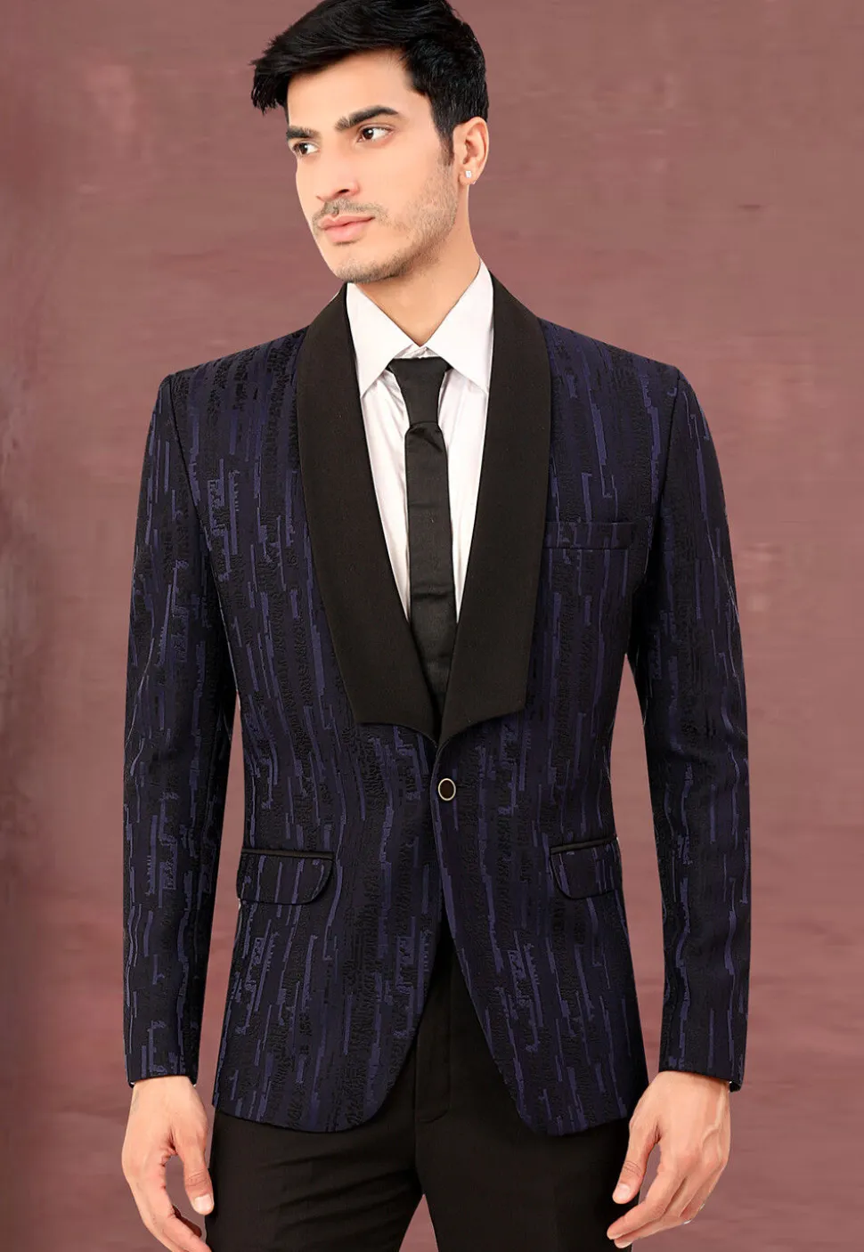Woven Terry Rayon Jacquard Blazer in Navy Blue