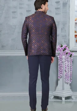 Woven Terry Rayon Jacquard Jodhpuri Suit in Navy Blue and Golden