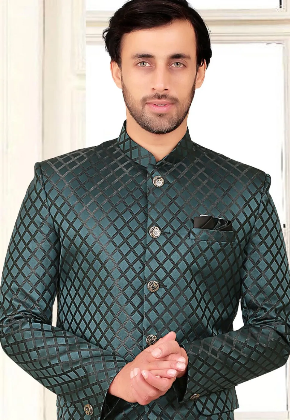 Woven Terry Rayon Jacquard Jodhpuri Suit in Teal Green
