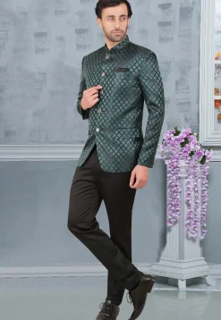 Woven Terry Rayon Jacquard Jodhpuri Suit in Teal Green