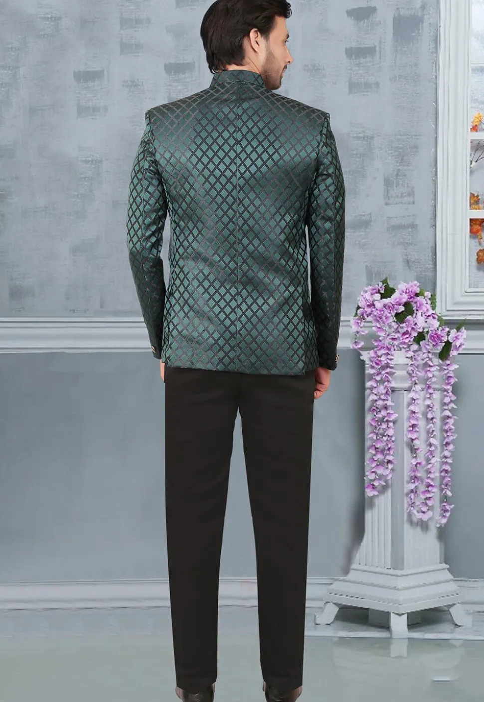 Woven Terry Rayon Jacquard Jodhpuri Suit in Teal Green