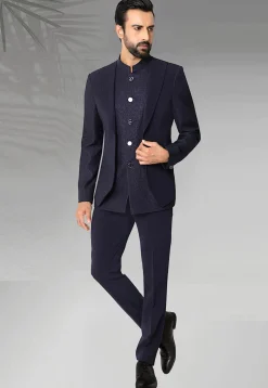 Woven Terry Rayon Jacquard Layered Jodhpuri Suit in Navy Blue