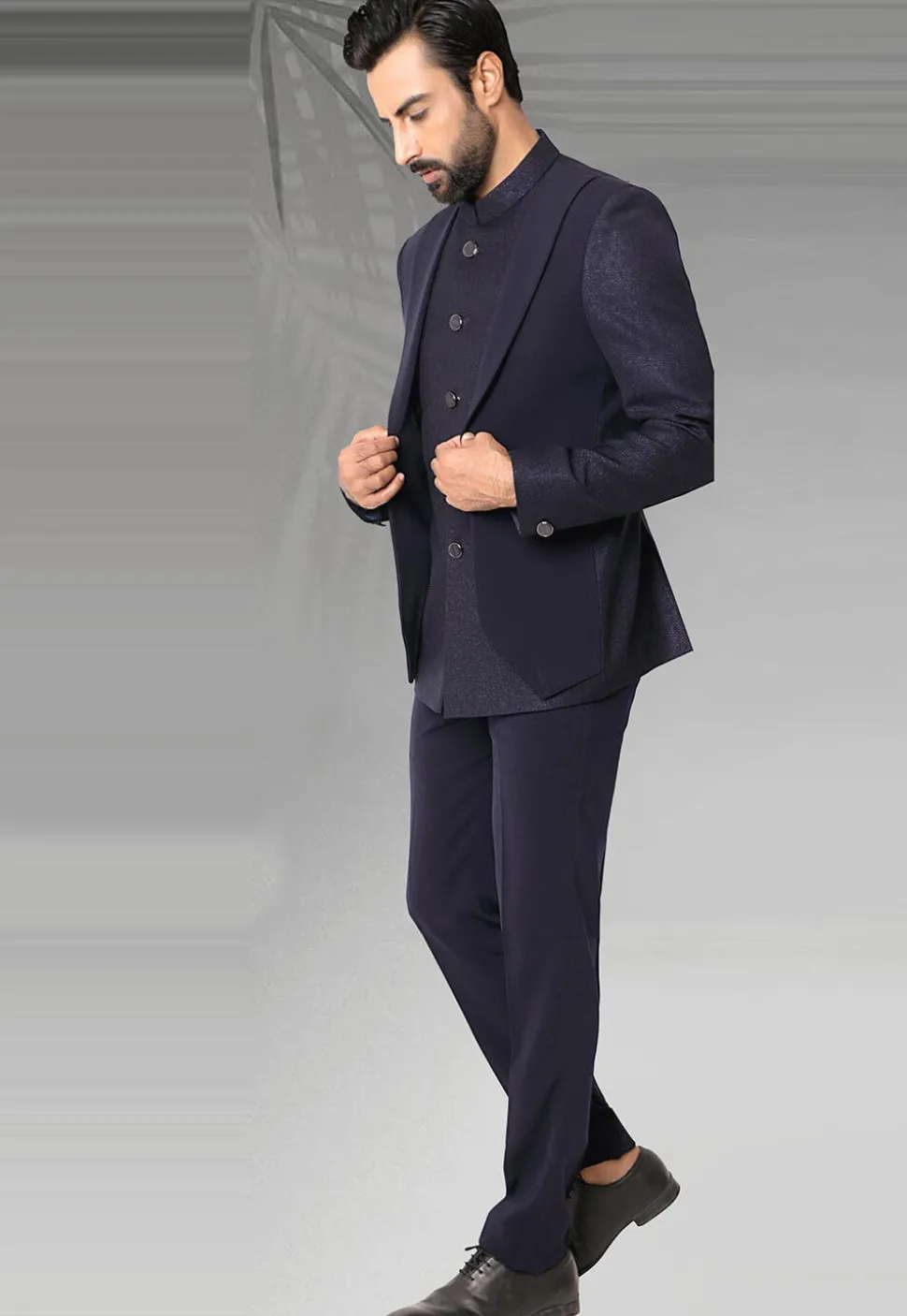 Woven Terry Rayon Jacquard Layered Jodhpuri Suit in Navy Blue