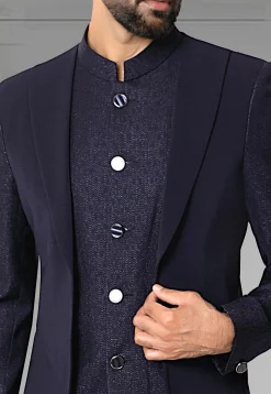 Woven Terry Rayon Jacquard Layered Jodhpuri Suit in Navy Blue