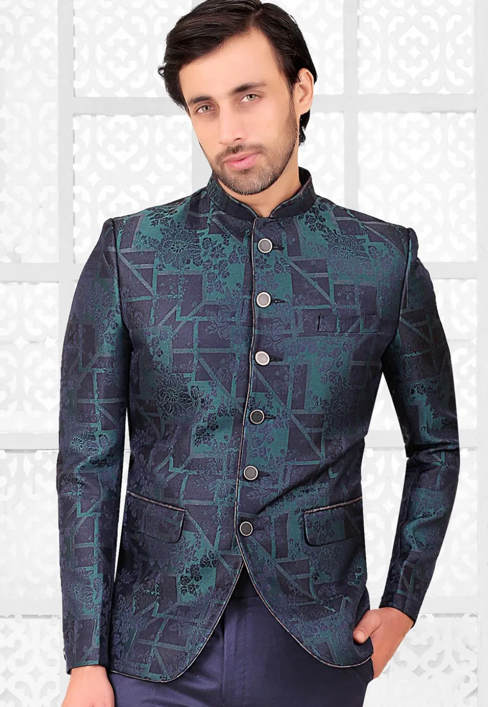 Woven Terry Rayon Jacquard Jodhpuri Jacket in Blue