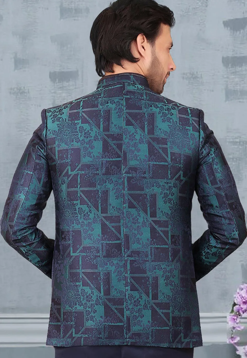 Woven Terry Rayon Jacquard Jodhpuri Jacket in Blue