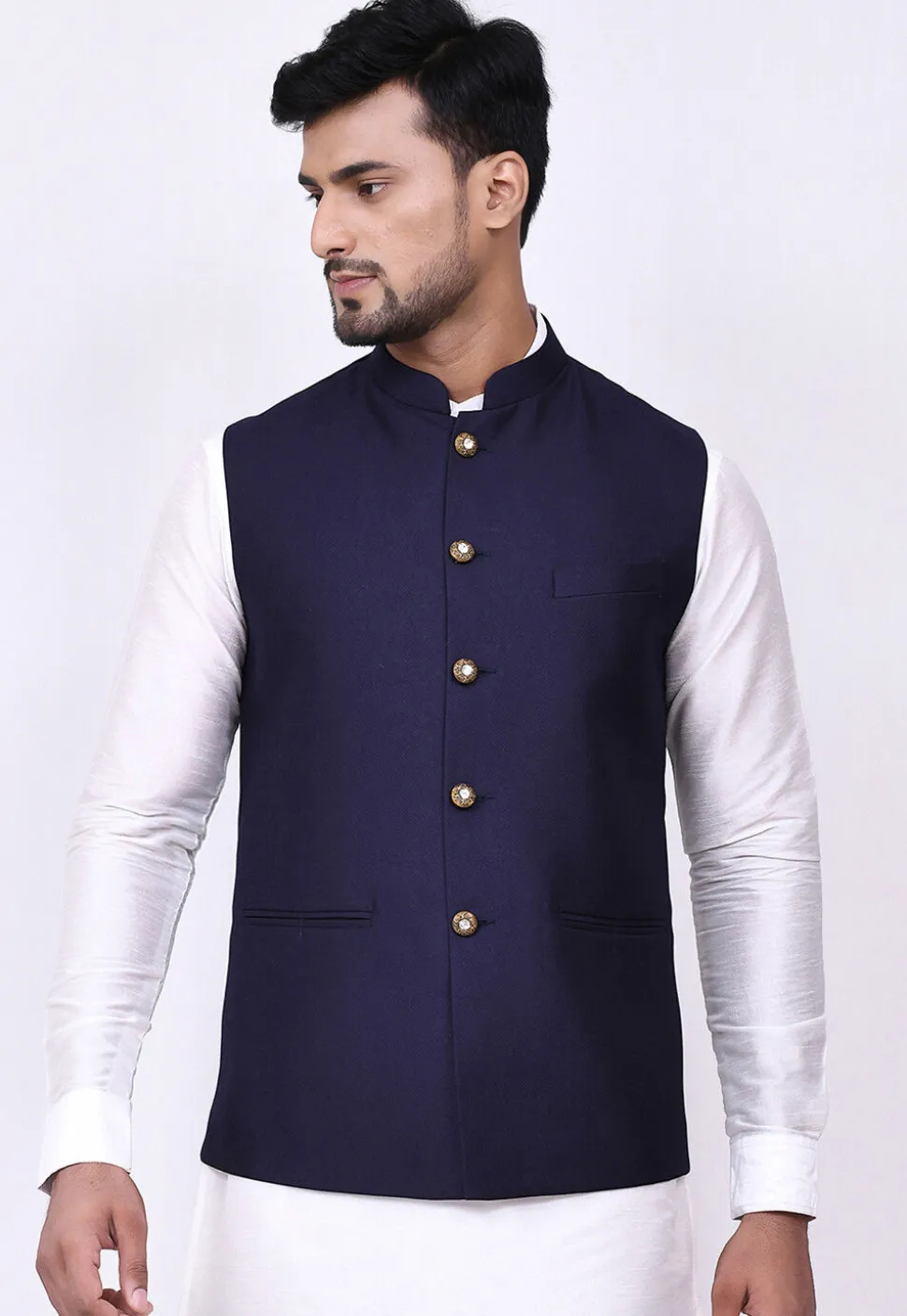 Woven Terry Rayon Jacquard Nehru Jacket in Navy Blue
