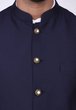Woven Terry Rayon Jacquard Nehru Jacket in Navy Blue