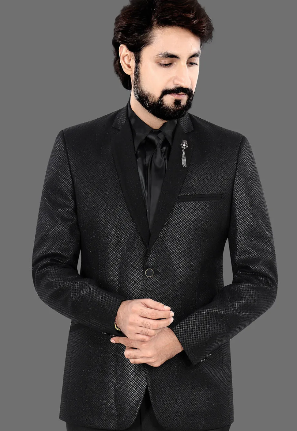 Woven Terry Rayon Jacquard Blazer in Black