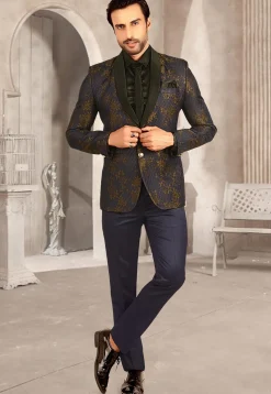 Woven Terry Rayon Jacquard Tuxedo in Navy Blue
