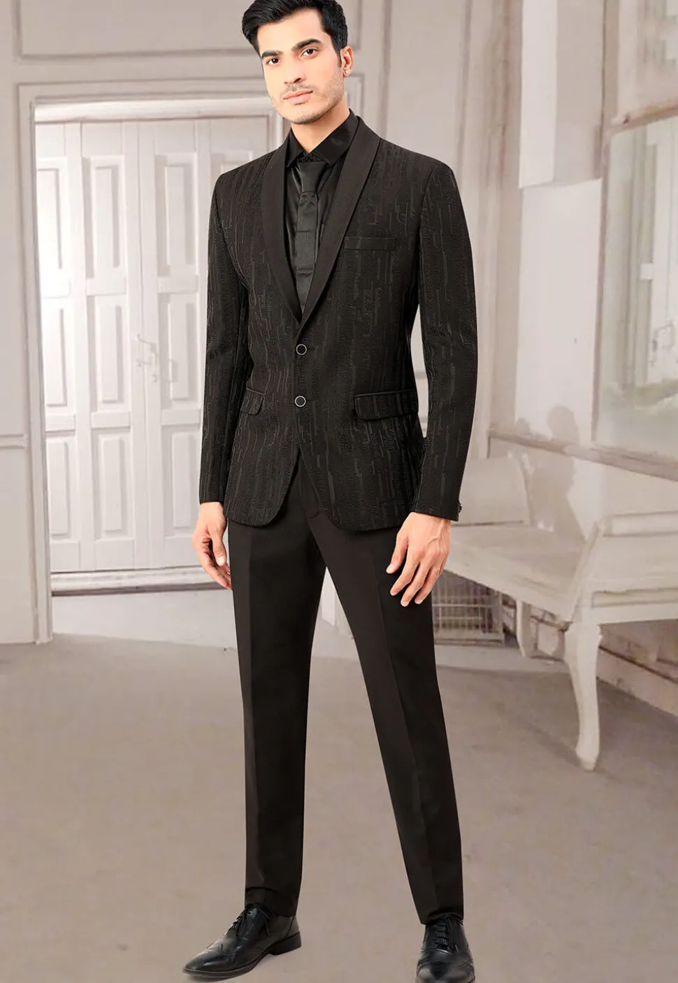 Woven Terry Rayon Jacquard Blazer in Black