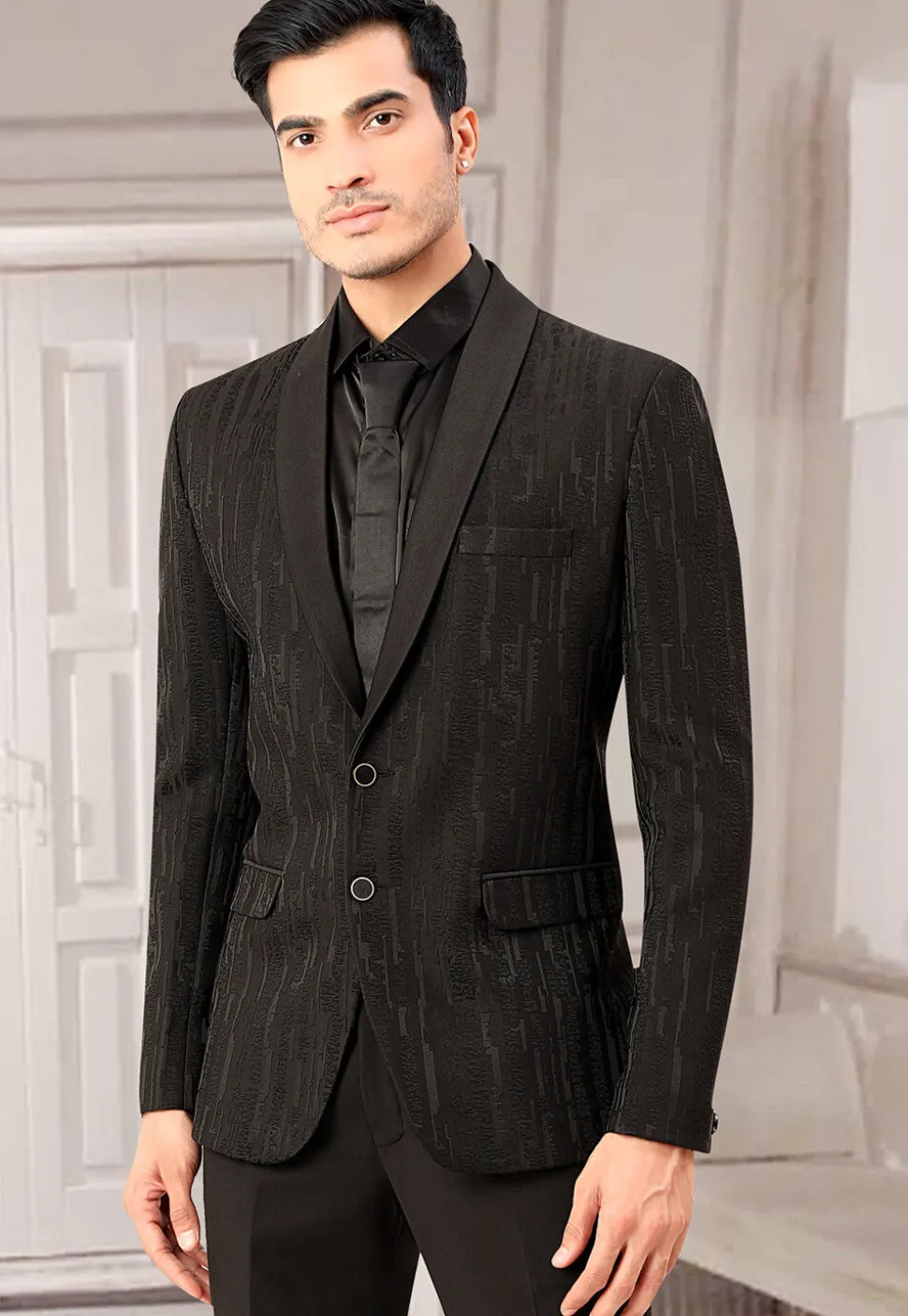 Woven Terry Rayon Jacquard Blazer in Black
