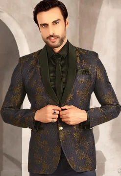 Woven Terry Rayon Jacquard Tuxedo in Navy Blue
