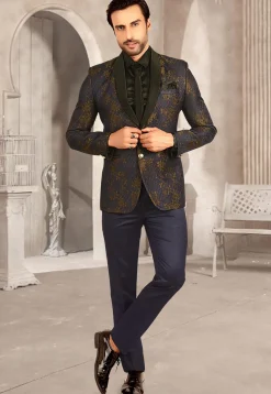 Woven Terry Rayon Jacquard Tuxedo in Navy Blue