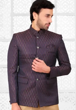 Woven Terry Rayon Jacquard Jodhpuri Jacket in Navy Blue and Maroon