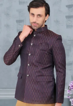 Woven Terry Rayon Jacquard Jodhpuri Jacket in Navy Blue and Maroon