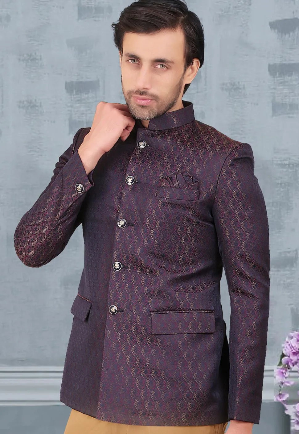Woven Terry Rayon Jacquard Jodhpuri Jacket in Navy Blue and Maroon