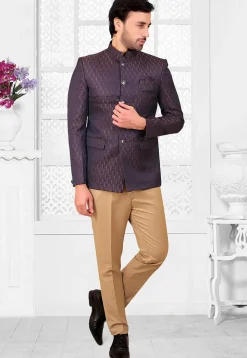 Woven Terry Rayon Jacquard Jodhpuri Jacket in Navy Blue and Maroon
