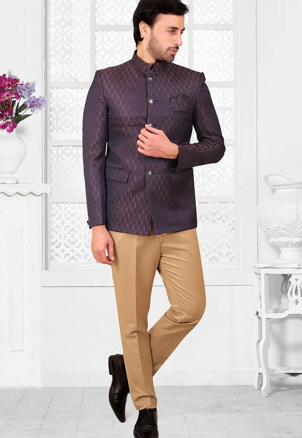 Woven Terry Rayon Jacquard Jodhpuri Jacket in Navy Blue and Maroon