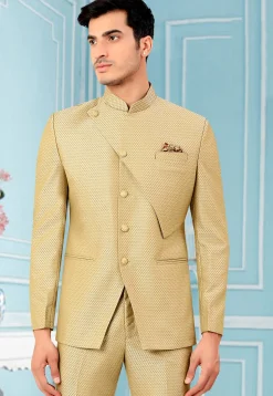 Woven Terry Rayon Jacquard Jodhpuri Suit in Beige