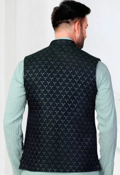 Woven Terry Rayon Jacquard Nehru Jacket in Teal Blue
