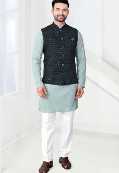 Woven Terry Rayon Jacquard Nehru Jacket in Teal Blue