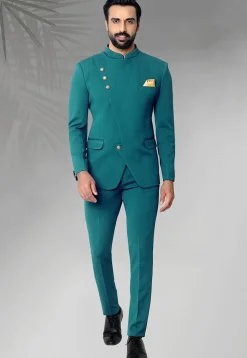 Woven Terry Rayon Jacquard Jodhpuri Suit in Teal Blue