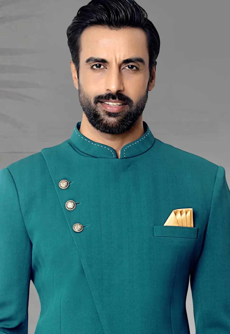 Woven Terry Rayon Jacquard Jodhpuri Suit in Teal Blue