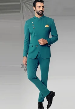 Woven Terry Rayon Jacquard Jodhpuri Suit in Teal Blue