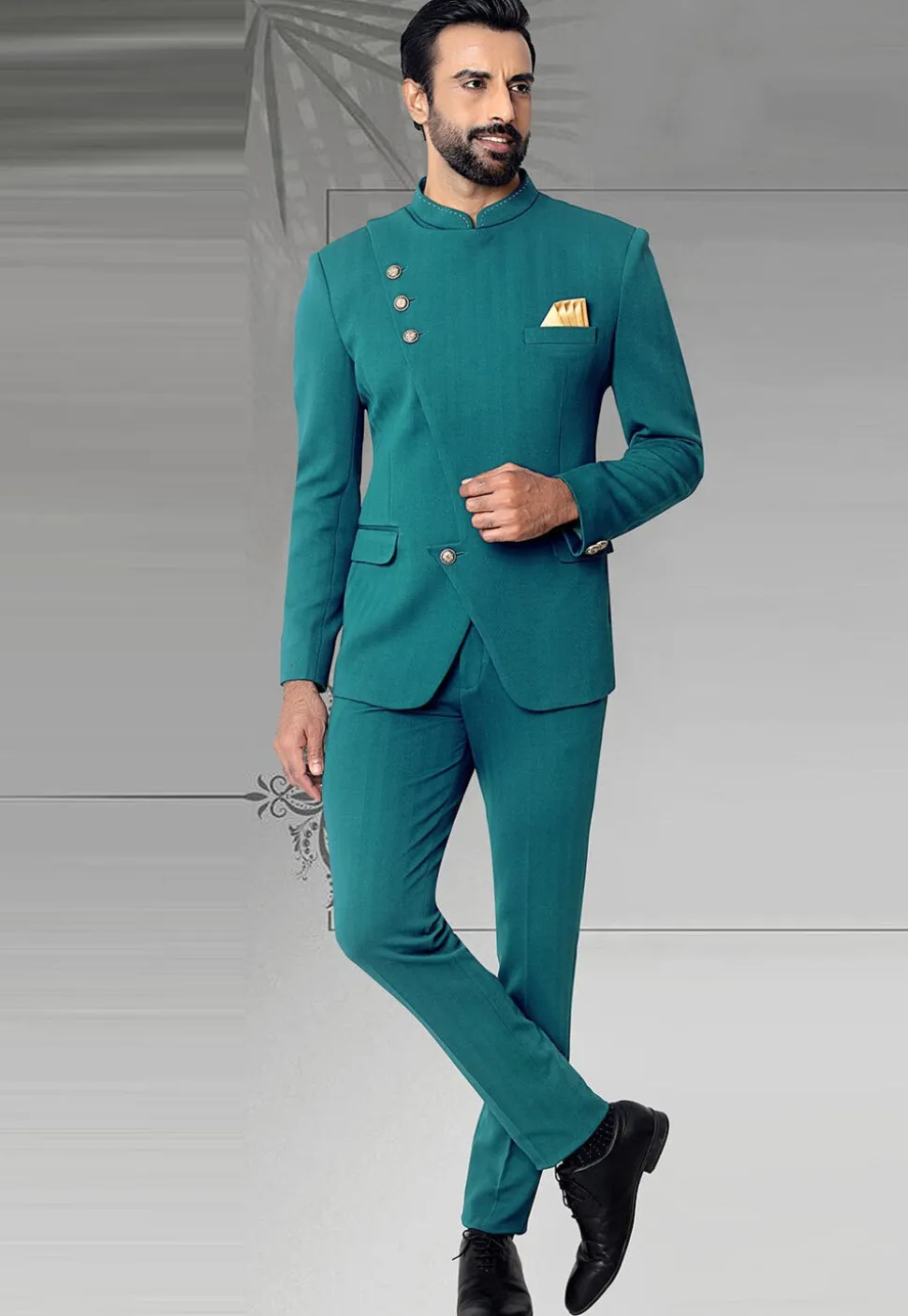 Woven Terry Rayon Jacquard Jodhpuri Suit in Teal Blue