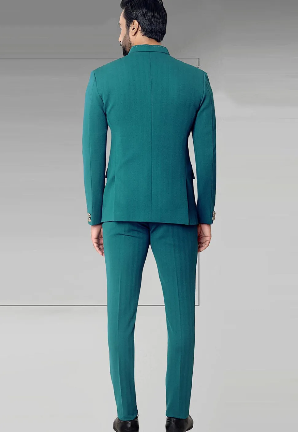 Woven Terry Rayon Jacquard Jodhpuri Suit in Teal Blue