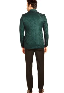 Woven Terry Rayon Jacquard Jodhpuri Suit in Teal Green