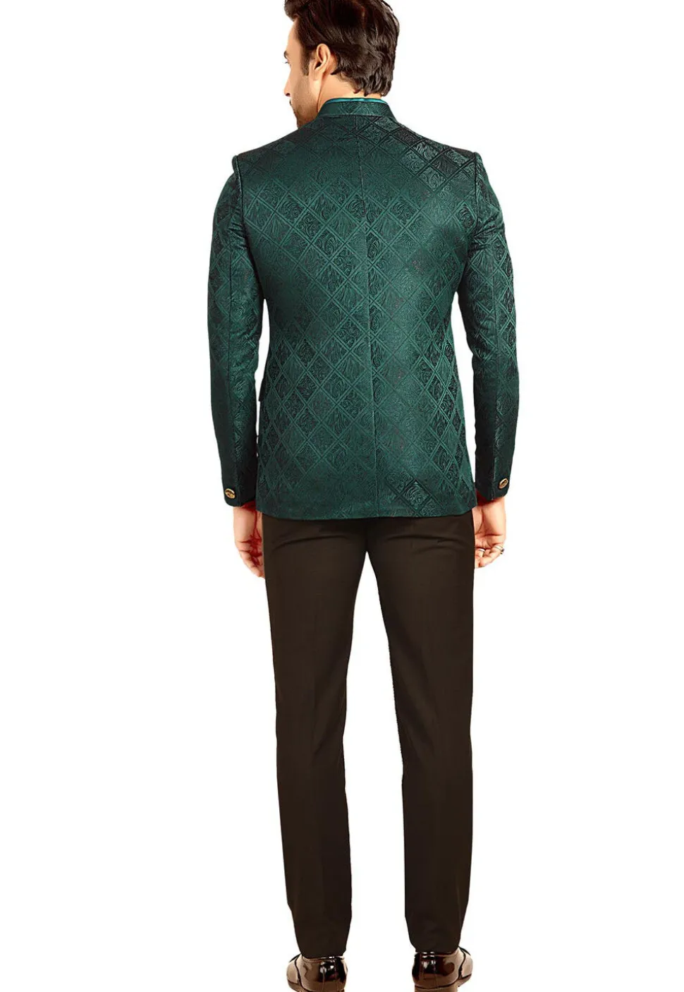 Woven Terry Rayon Jacquard Jodhpuri Suit in Teal Green