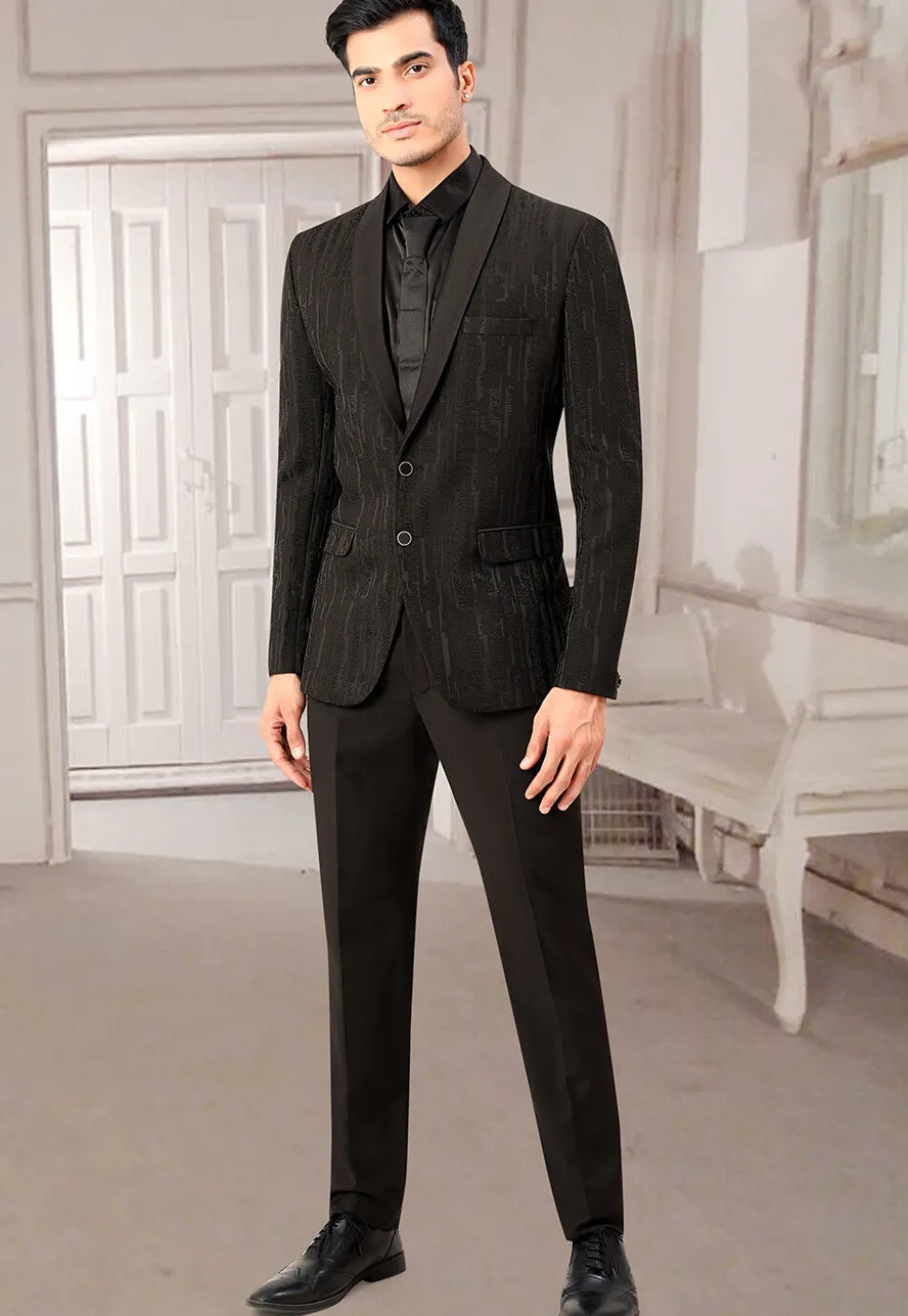 Woven Terry Rayon Jacquard Blazer in Black