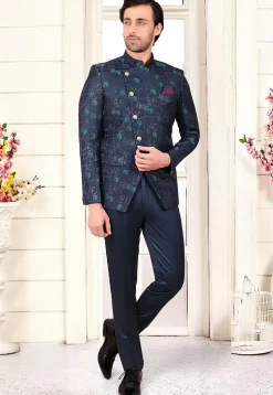 Woven Terry Rayon Jacquard Jodhpuri Suit in Navy Blue