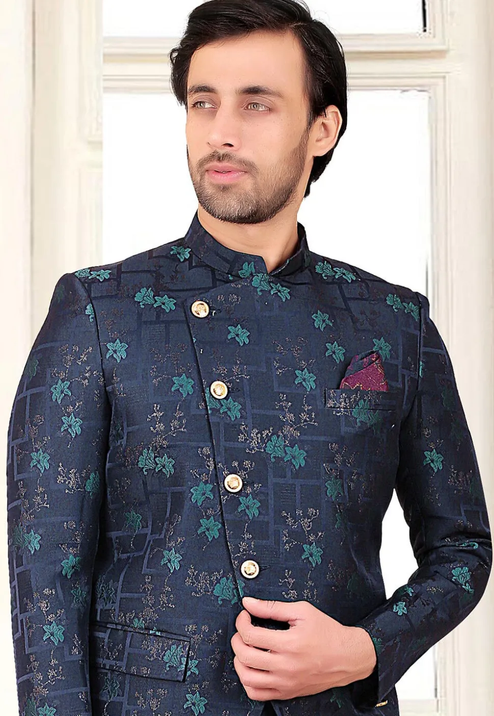 Woven Terry Rayon Jacquard Jodhpuri Suit in Navy Blue