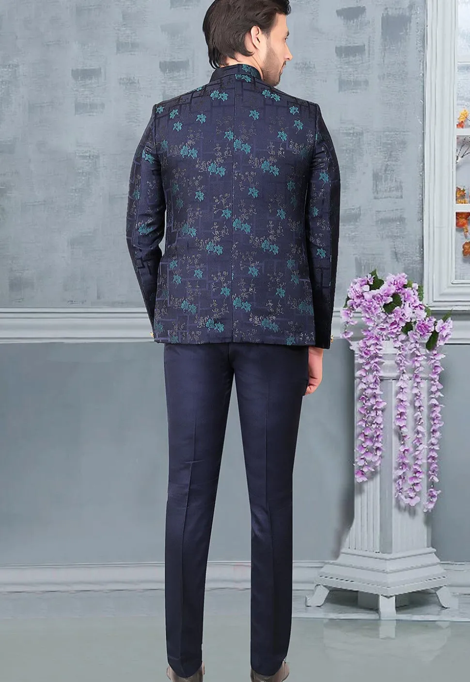 Woven Terry Rayon Jacquard Jodhpuri Suit in Navy Blue